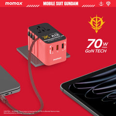 1-World+ 3-Port Travel GaN Charger With Built-in USB-C Cable 70W Gundam