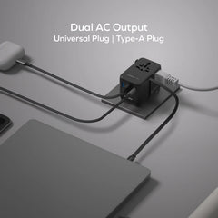 1-World 70W 3-Port Dual AC Travel Adapter with Built-In Retractable Cable