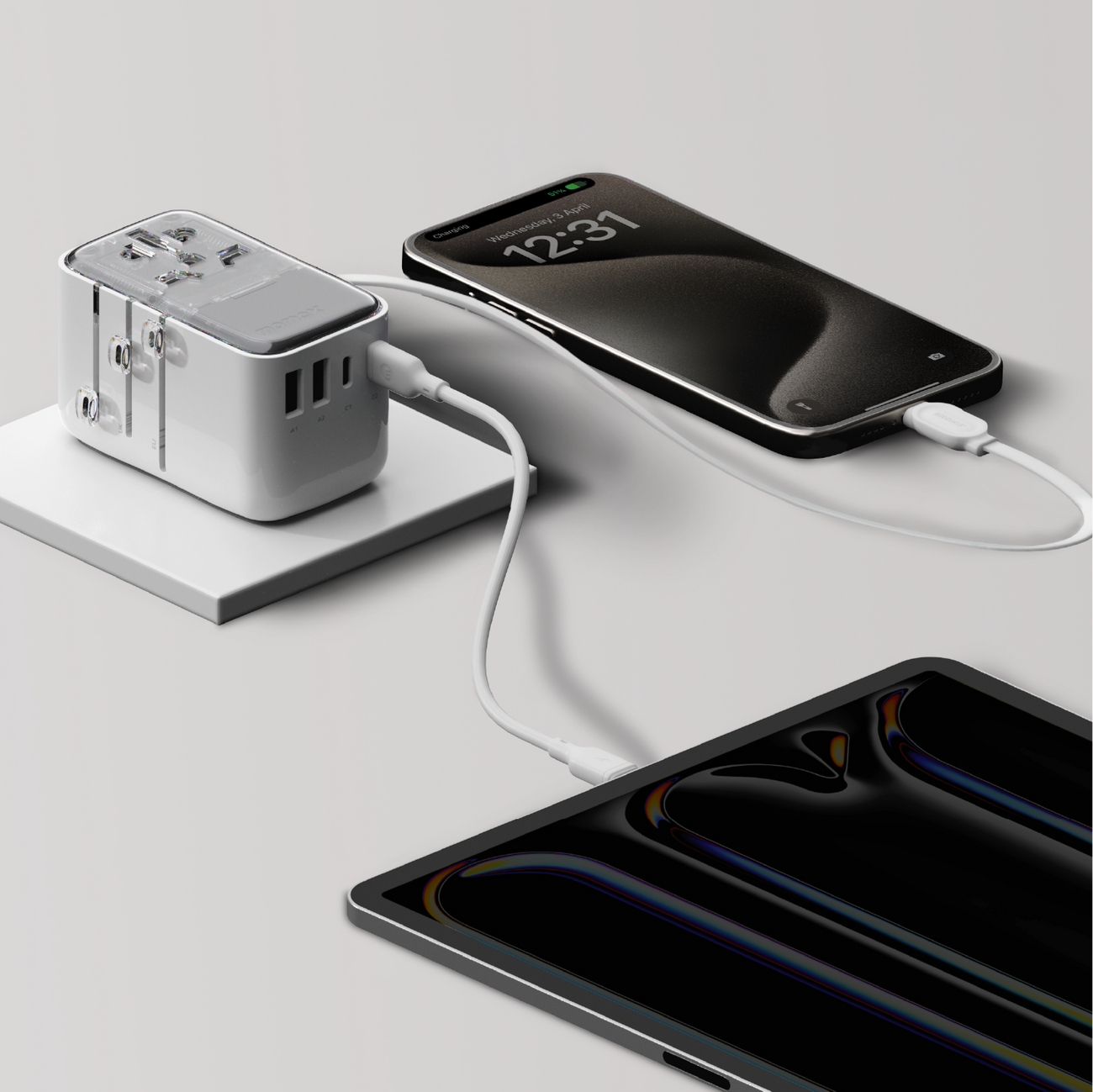 1-World+ Flow 4-Port Travel Charger With Built-In USB-C Cable 35W