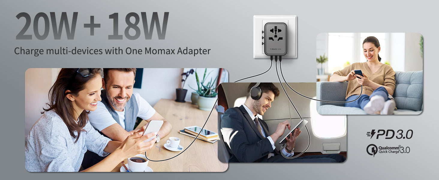 1-World 20W 3-Port+AC Travel Adapter UA11